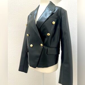 Avec Les Filles Faux Leather, Black, Double-Breasted Blazer with Gold Buttons